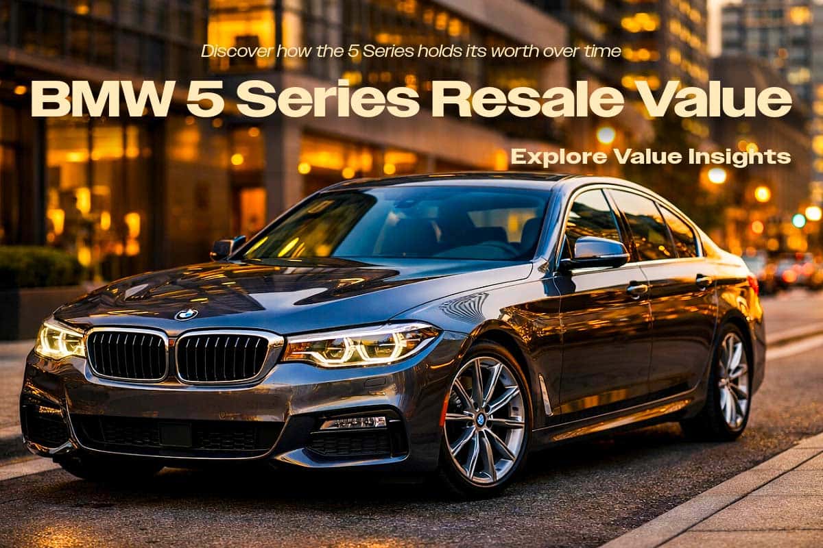 BMW 5 Series Resale Value – Discover how the 5 Series holds its worth over time; sleek BMW sedan on an upscale city street.