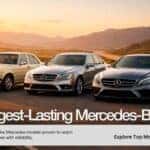 Longest-Lasting Mercedes-Benz – Discover the Mercedes models proven to reach 300K+ miles with reliability, lineup of classic and modern Mercedes vehicles on a scenic road at golden hour