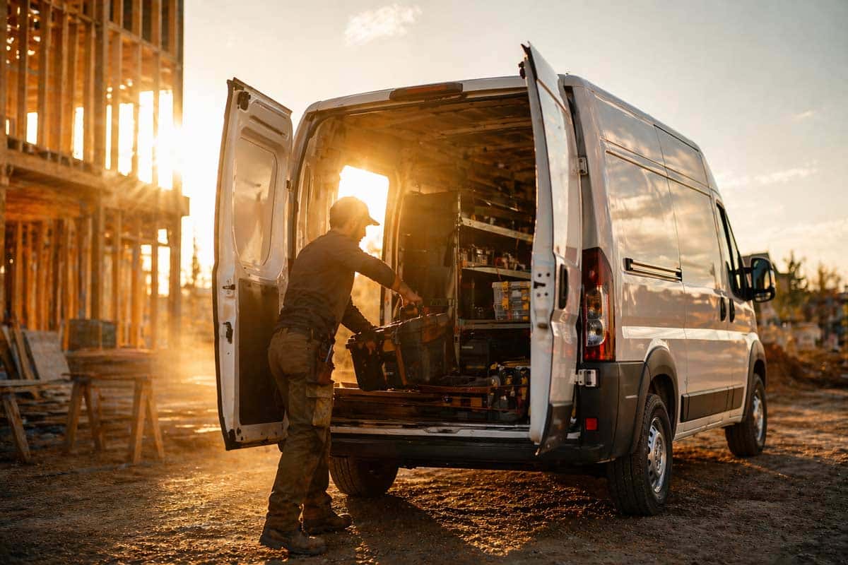 Ram ProMaster cargo van parked outside warehouse with tools inside, representing real maintenance and ownership costs