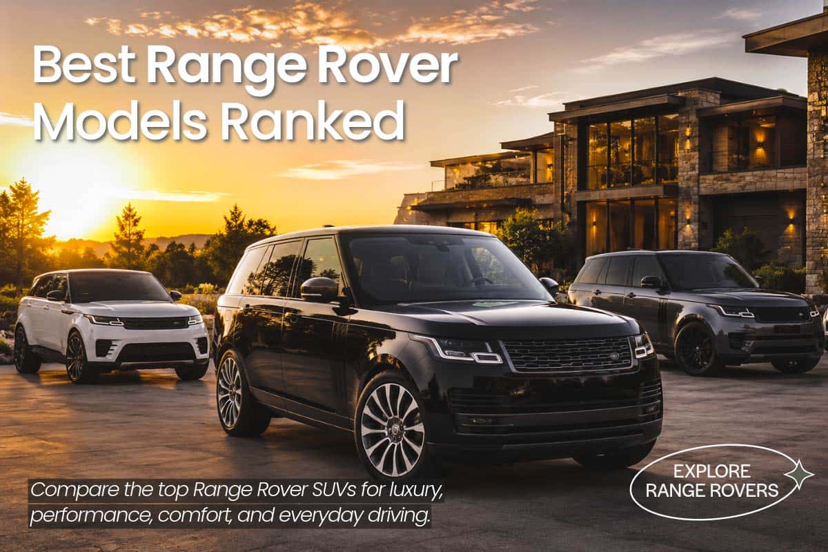 Best Range Rover Models Ranked banner featuring luxury Range Rover SUVs with comparison of performance, comfort, luxury, and everyday driving capability.