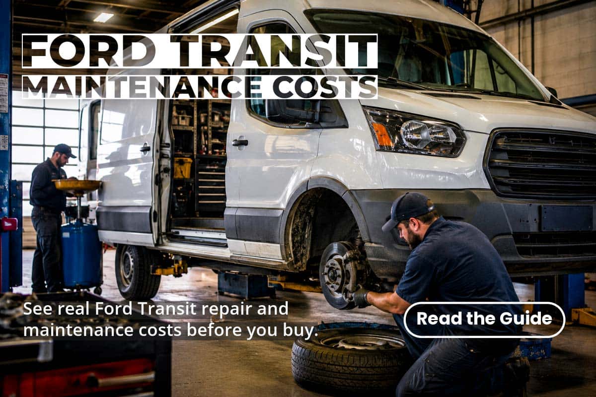 Ford Transit Maintenance Costs banner showing a Ford Transit cargo van with the message: See real Ford Transit repair and maintenance costs before you buy.