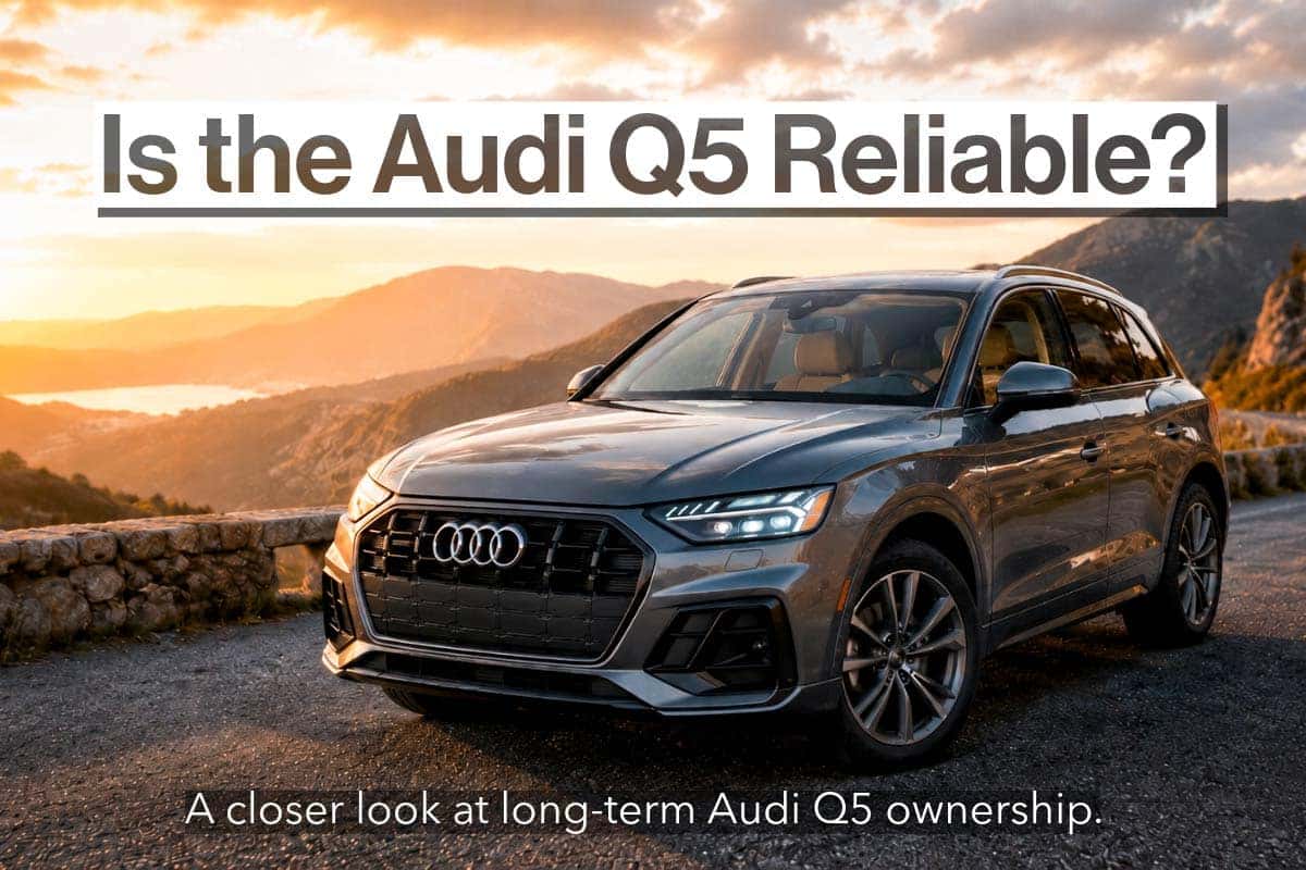Is the Audi Q5 Reliable banner featuring a modern Audi Q5 luxury SUV at sunset with the message “What owners should know before buying.”