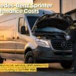 Mercedes-Benz Sprinter Maintenance Costs banner showing a Sprinter cargo van with information about real repair, service, and ownership costs before buying.