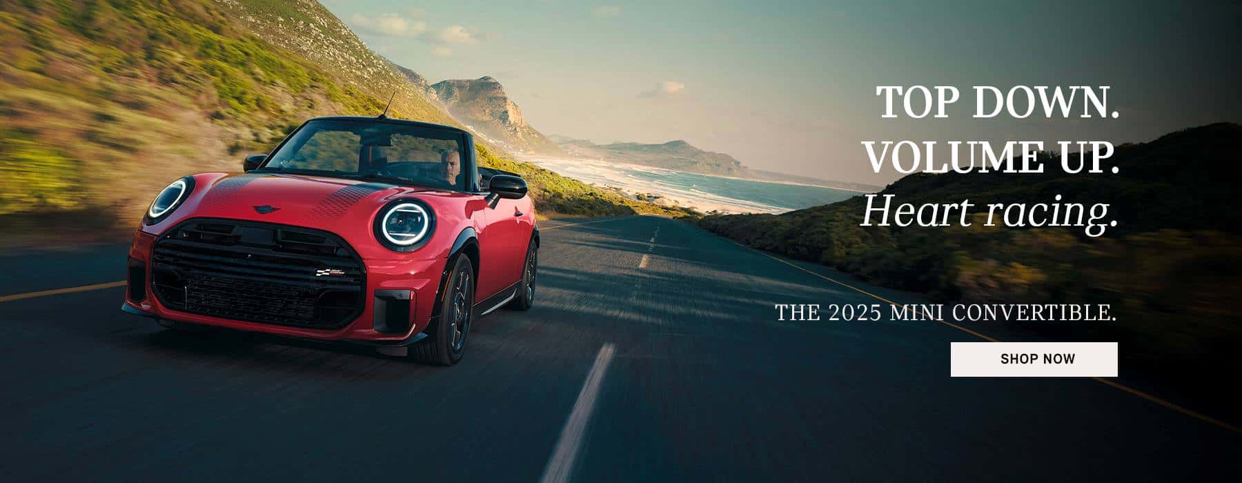 MINI Cooper crusing down road with sunset in back.