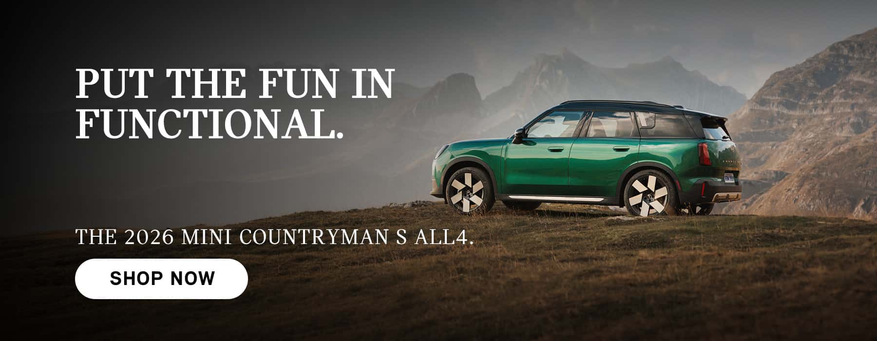 Green MINI Countryman on top of a hill.