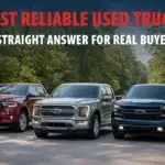 line up of threee used trucks on the road