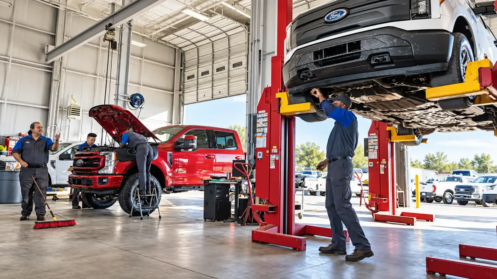 Technicians inspecting used Ford trucks in a service bay