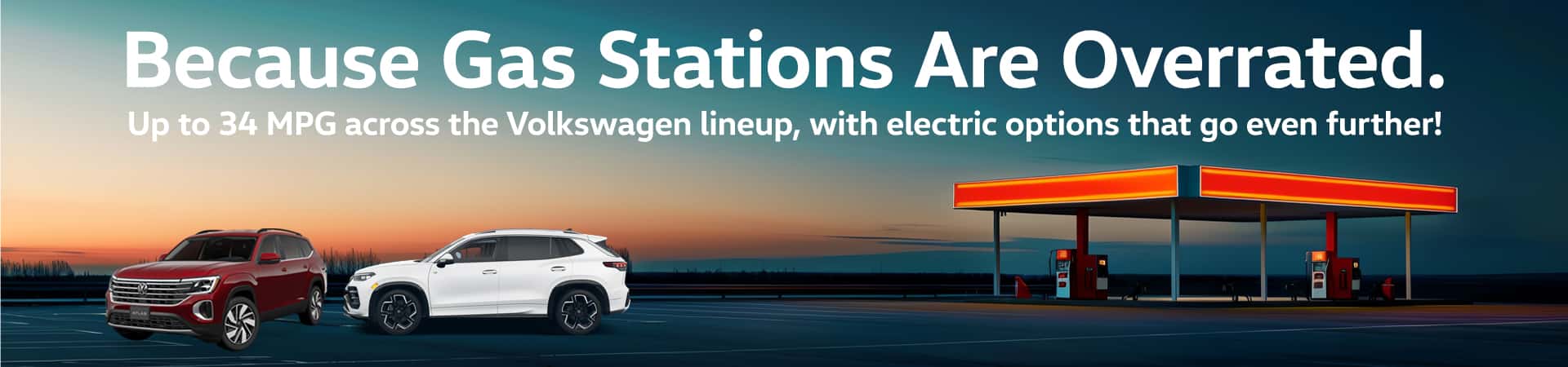 VWs in front of a gas station showcasing 34 MPG lineup