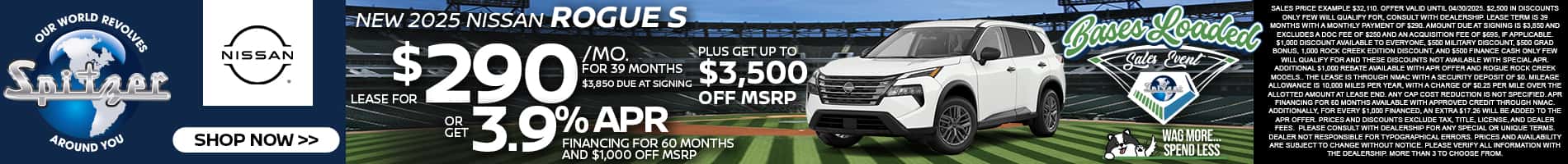 04.2025_Carrera_Lease a New 2025 Nissan Rogue S for $290/mo for 39 Months PLUS Up To $3,500 off MSRP! OR Get 3.9% APR Financing for 60 Months!
