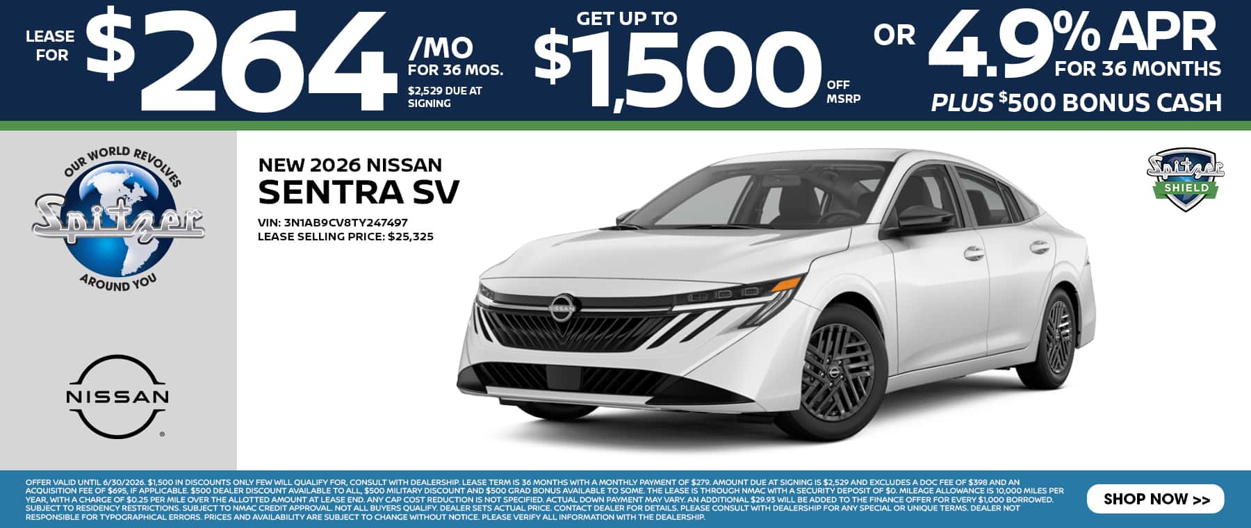 06.2026_2026 Nissan Sentra_Lease for $264 for 36 mo_Get up to $1500 off msrp OR 4.9% apr for 36 mo